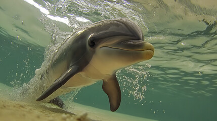 A baby dolphin learning to leap out of the ocean, enhancing its coordination and social skills with the pod. © Daily Stock