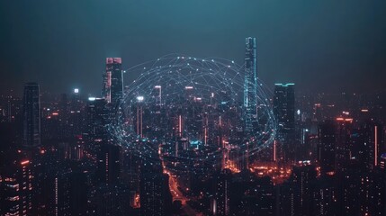 Night City Skyline with Network Globe