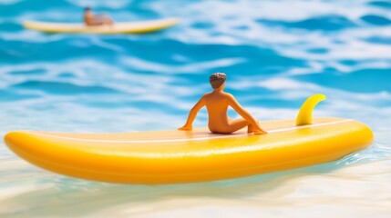 Toy figure enjoying a banana boat on water.
