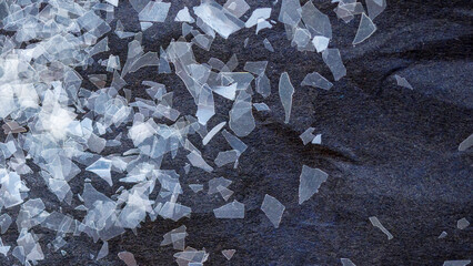 Old decomposed and broken down plastic material sediments. Macro shot on a pile of disintegrated micro plastic particles from plastic bottles and trash bags.
