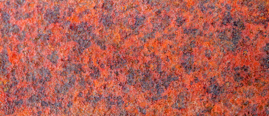 Macro shot of a rusted metal texture. Old weathered oxidized metal sheet. Corrosive rust on iron panel