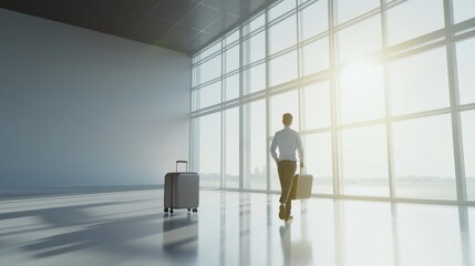 Traveler preparing for departure at airport terminal.