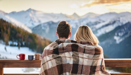 Fototapeta premium Young couple warming up with plaid and hot drinks sitting on the terrace of the modern house in the mountains during the winter holidays