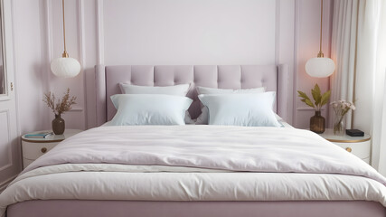 A modern luxury bed in pastel purple with clean white sheets and light blue pillows