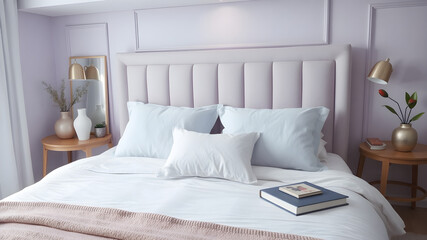 A modern luxury bed in pastel purple with clean white sheets and light blue pillows