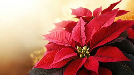 Obraz premium Vibrant red poinsettia plant with soft focused golden light shining from the upper left corner perfect for promotions.