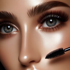 Obraz premium A close-up of a woman’s eyes showcasing her lush lashes, created with high-quality mascara.