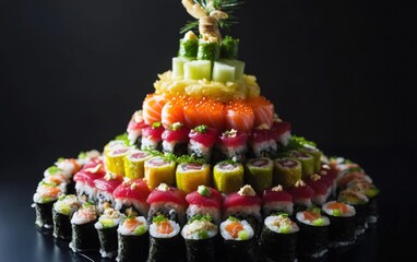 Sushi Roll Christmas Tree: A colorful tree entirely composed of sushi rolls, with wasabi and ginger accents, arranged on a green background 