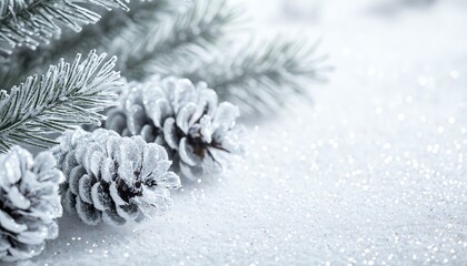 Frosted pine cones on a snowy background.