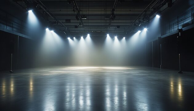 Spacious empty venue with dramatic lighting setup.