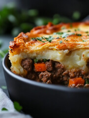 Seasonal menu: Shepherd's pie cut open to reveal layers of beef, vegetables, and creamy potatoes, close-up shot