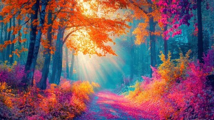 Autumn forest nature. Vivid morning in colorful forest with sun rays through branches of trees. Scenery of nature with sunlight.