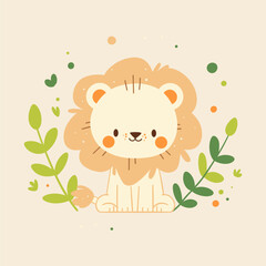 Lion Vector Illustration. Cute Illustrated Lion with Plant Motifs in Pastel Palette
