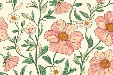 Delicate Floral Pattern with Pink Blooms and Green Leaves