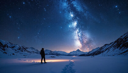 Fantasy landscape, silhouette of a hiker standing on the hill, on the milky way galaxy background.