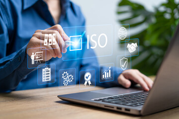 ISO, International Organization Standardization Concept, Businesswomen checkmark Certification...