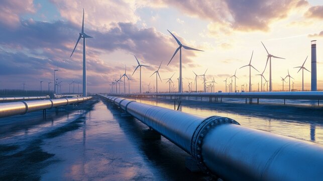 A long pipeline with many wind turbines in the background