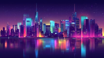 A vibrant digital city skyline at night, reflecting colorful lights on water.
