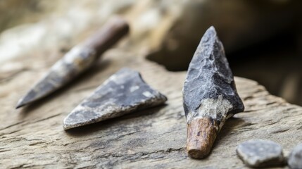 Close-up of ancient stone tools, sharp flint knives, and polished axes on a weathered wooden surface, symbolizing prehistoric craftsmanship and the dawn of human ingenuity.