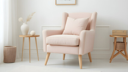 A pastel pink upholstered chair placed in a cream-white room.