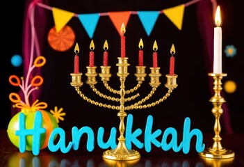 Colorful Hanukkah decorations with a menorah and candles displayed on a festive table during the holiday season