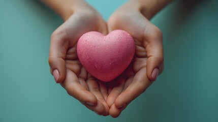 Obraz premium Top view of Woman hands holding small pink heart with pulse. Valentines day. 14th February