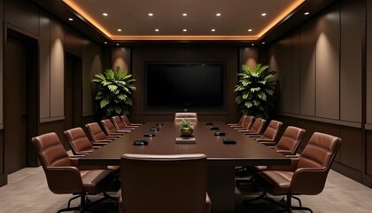 A sleek and modern boardroom with a long, rectangular dark wood table at the center, surrounded by black leather chairs. The room features large wooden panels on the walls, a grid of recessed lighting