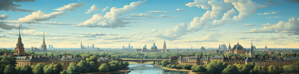 Naklejka premium Stretched optical illusion in a panoramic format showcasing layered dimensions and intricate design elements for a surreal effect