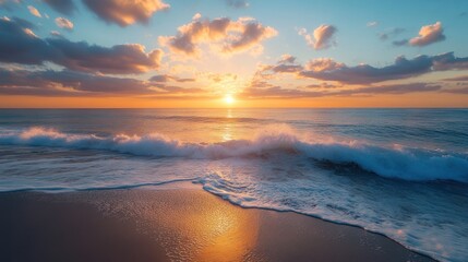 Aerial beach time-lapse captures the movement of ocean waves crashing against the shore and the changing light from sunrise to sunset.