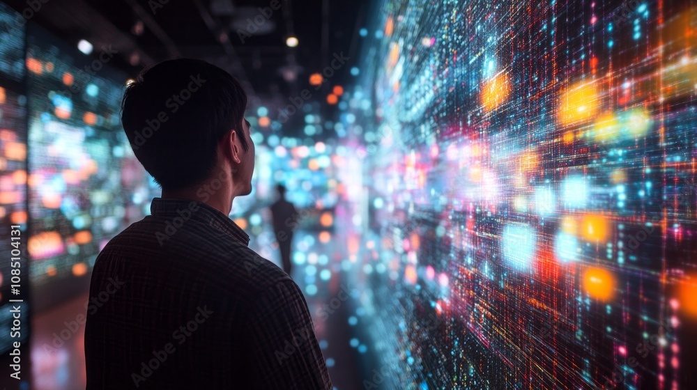 Poster A man is looking at a large screen with a lot of colors and patterns