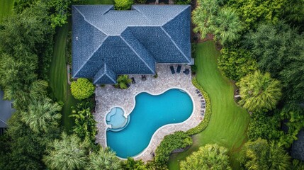 Aerial drone real estate photography shows luxury home with large swimming pool and beautifully landscaped gardens on a spacious plot