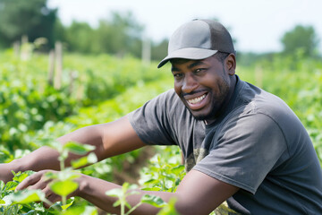 Fototapeta premium Smiling African farmer wearing a cap tends to crops in a vibrant green field on a sunny day. Concept nature care and outdoor agricultural work