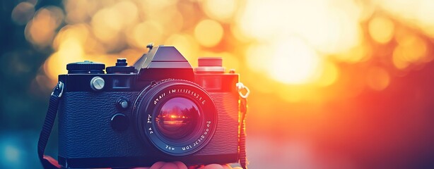 Naklejka premium vintage aesthetics with a modern twist Vintage Camera Capturing Nostalgic Moments at Sunset