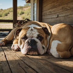 A bulldog napping on a sunny porch of a countryside home.