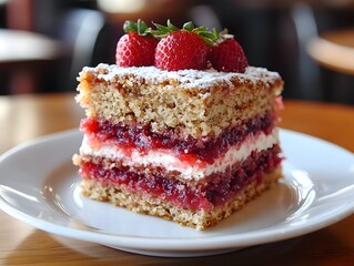 Strawberry rhubarb coffee cake with fresh strawberries topping and layered with jam and whipped cream, placed on a white plate. AI generated image