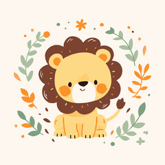 Lion Vector Illustration. Adorable Lion with Botanical Elements in Soft Pastels