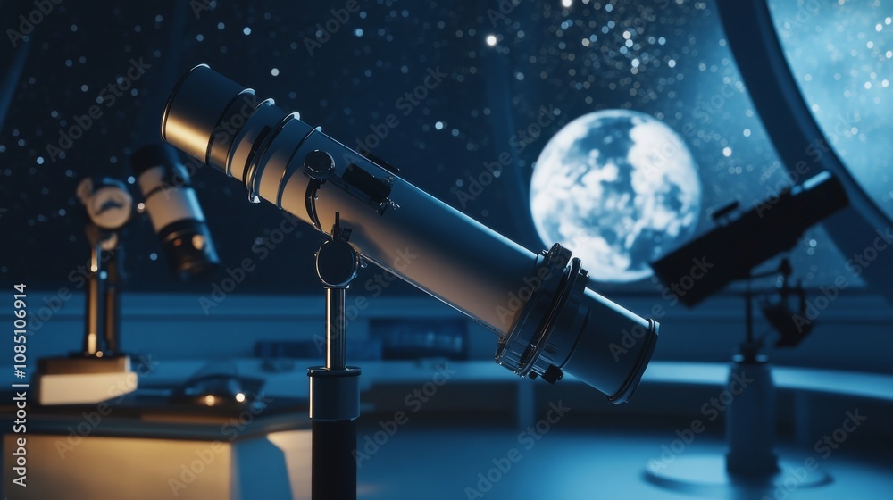 Poster a well-organized astronomy observatory with telescopes pointed at the night sky, star charts and cel