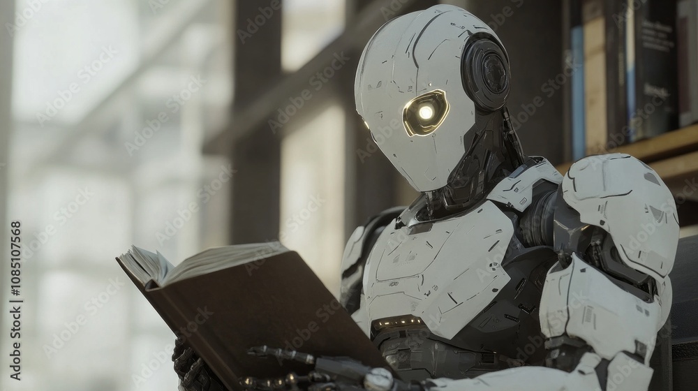 Poster a robot is sitting on a chair and reading a book