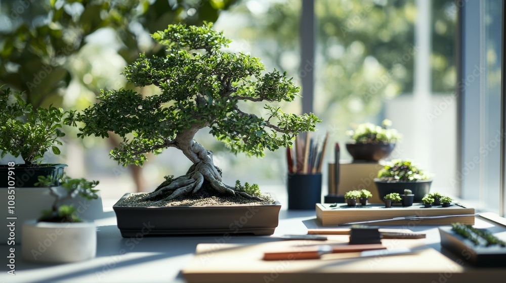 Aufkleber a well-organized bonsai display with miniature trees and tools neatly arranged, a bright room with n