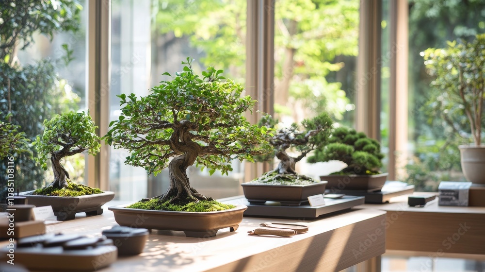 Poster A well-organized bonsai display with neatly arranged bonsai trees and tools, A quiet room with soft natural light and clean surfaces, Minimalist botanical style