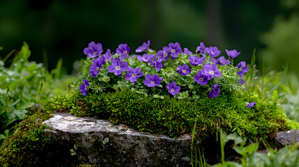 Obraz premium Vibrant purple flowers blooming on mossy rock nature scene close-up lush green environment serene viewpoint