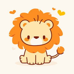 Lion Vector Illustration. Cute Cartoon Lion Surrounded by Hearts