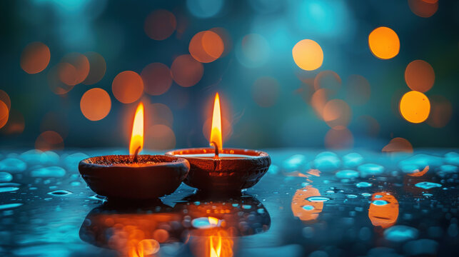 Couple clay diya candle with sparkle light in bokeh and blue background in Diwali or Deepavali Hindu festival of India and gold lights celebration. Copy space
