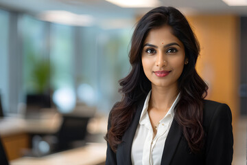 A woman in a business suit is smiling for the camera