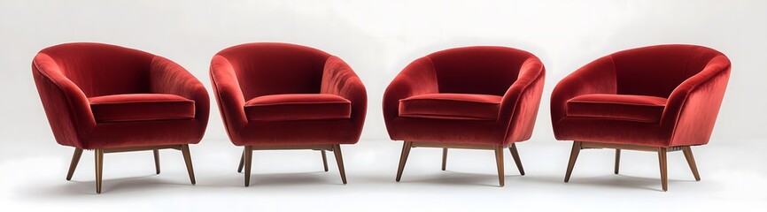 Four red velvet armchairs with wooden legs arranged in a living room