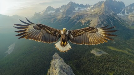 Obraz premium A drone shot of an eagle soaring over a tall mountain. See the eagle's broad wings and the beautiful view of the mountains and forest below.