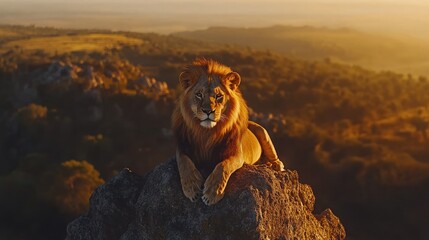 Drone footage captures a lion resting on a high rock. The wind blows through the lions' manes in the afternoon sunlight, creating a majestic and powerful image.
