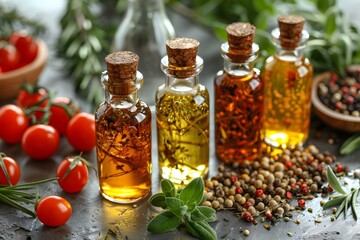 Assortment of Infused Oils and Fresh Ingredients for Culinary Uses