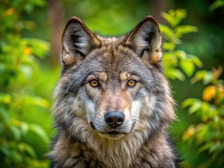 Obraz premium Grey Wolf Portrait in Lush Forest Background - Urban Exploration Photography, Wildlife Close-Up, Nature's Majesty, Canis lupus, Forest Habitat, Animal Photography