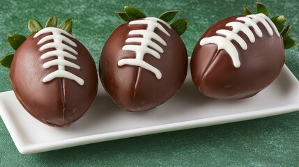Chocolate-dipped strawberries styled as footballs on a white plate, a creative and festive snack for game day.
